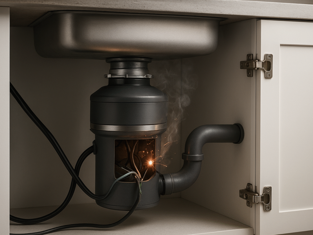 Garbage disposal under a kitchen sink with exposed wiring and visible sparking hazard.