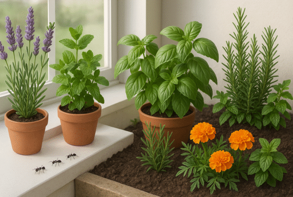 Fresh green herbs and flowering plants arranged indoors and outdoors.