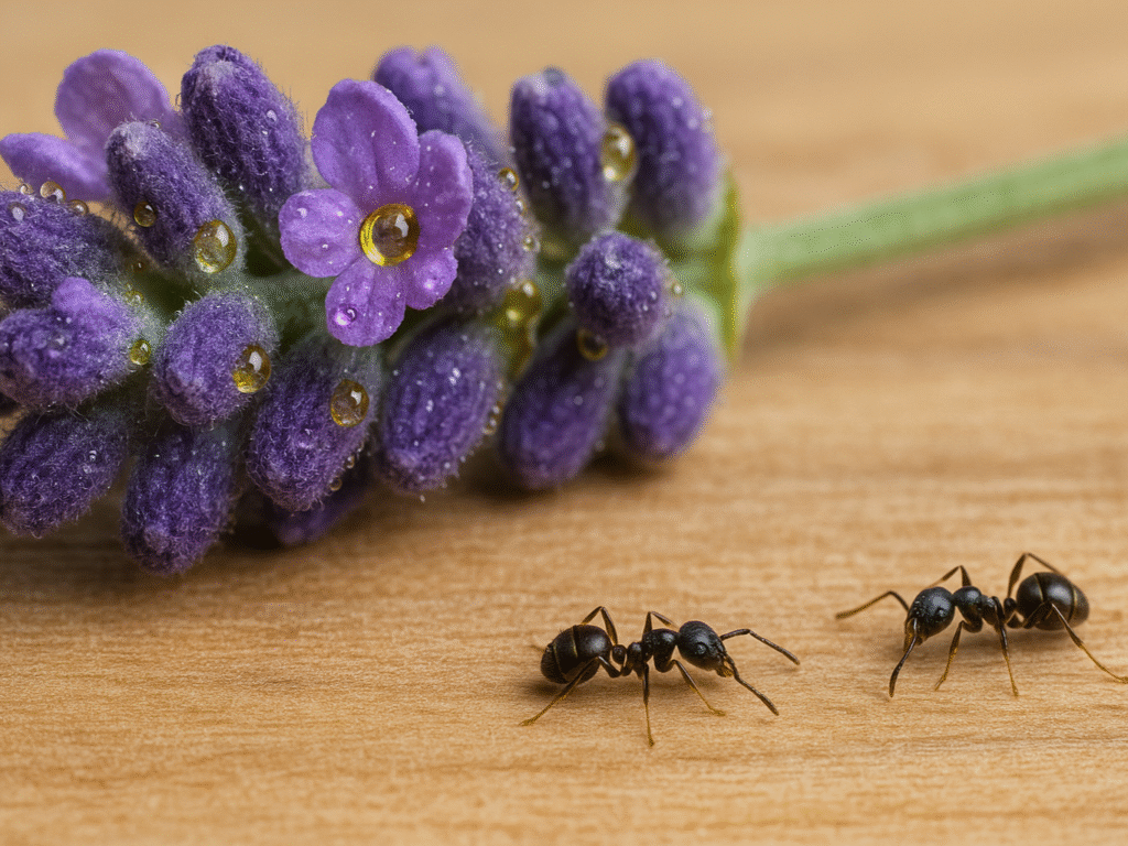 Lavender flowers with ants on a wooden surface.