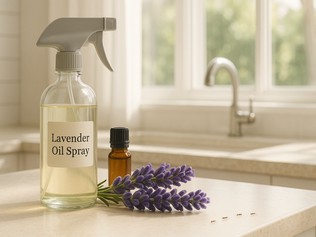 Lavender oil with a spray bottle on a kitchen counter for natural ant control.