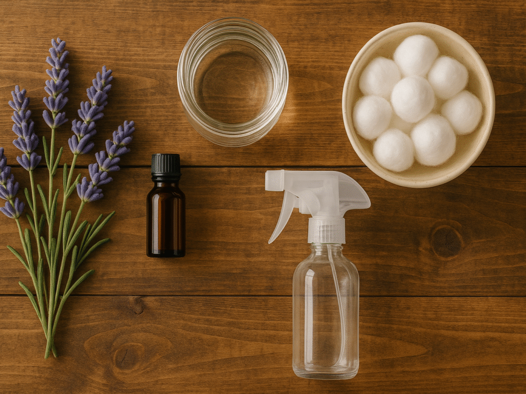 Flat-lay of lavender sprigs, essential oil, cotton balls, and a spray bottle on a rustic wooden table.