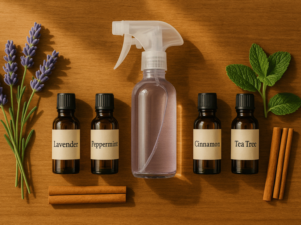 Flat-lay of essential oils with lavender, cinnamon, peppermint, and a glass spray bottle on a wooden counter.