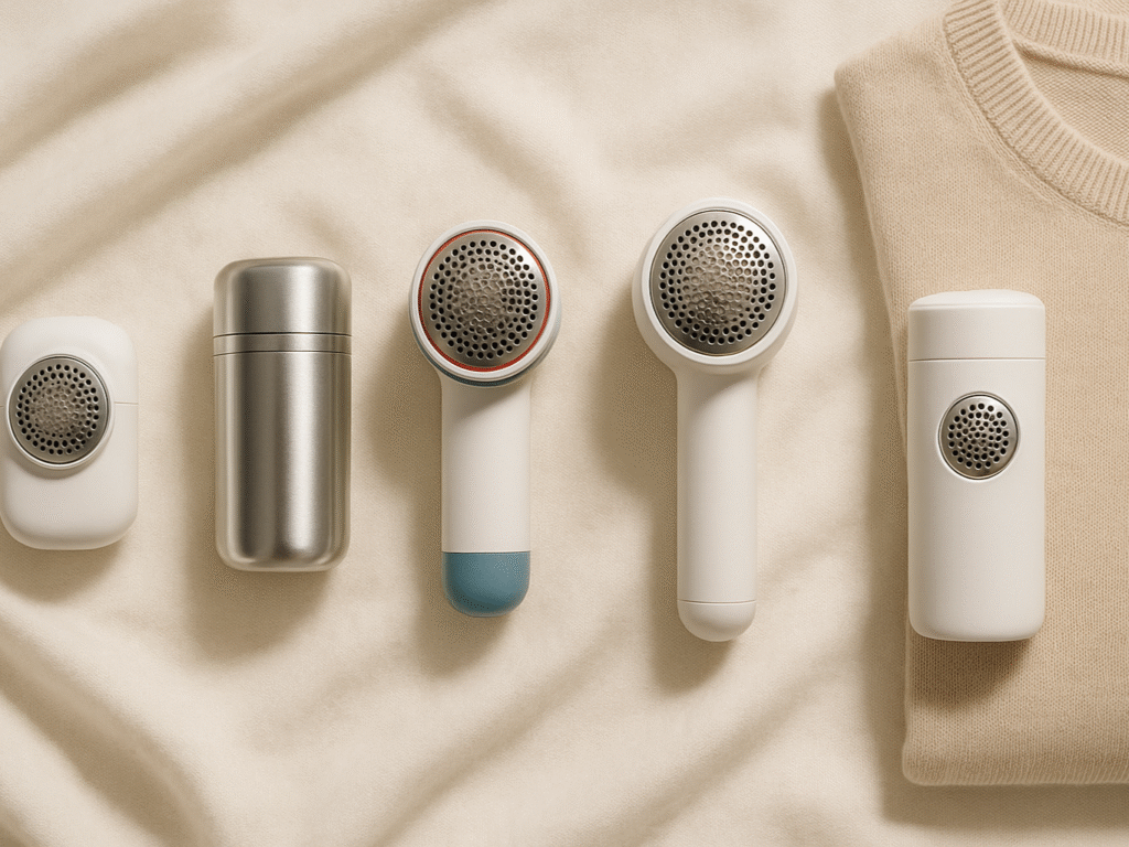 Five different cashmere fabric shavers displayed on a soft fabric with a folded sweater.
