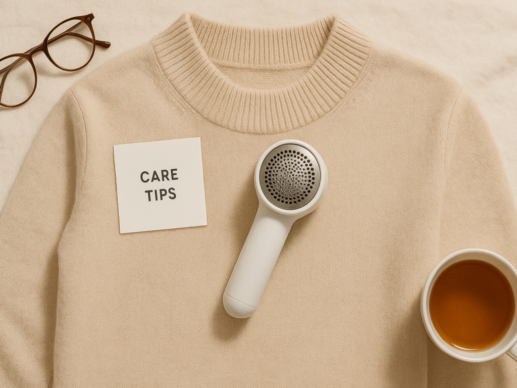 Luxury lint shaver resting on a folded cashmere sweater with care tips card beside it