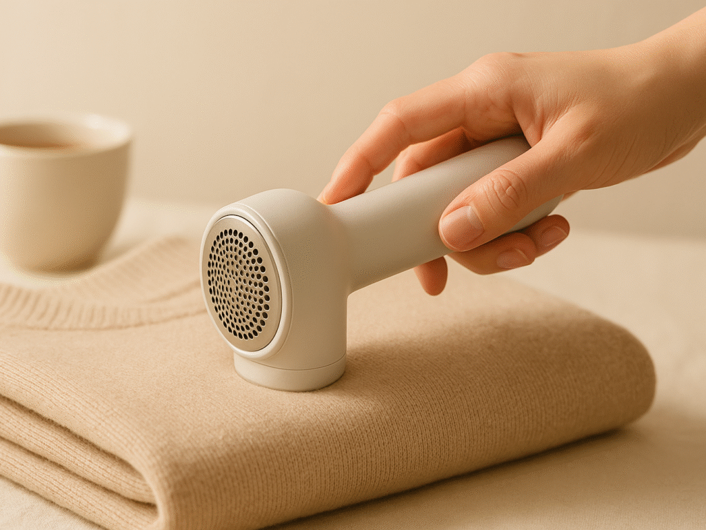 Person carefully using a sweater shaver on a folded cashmere sweater.