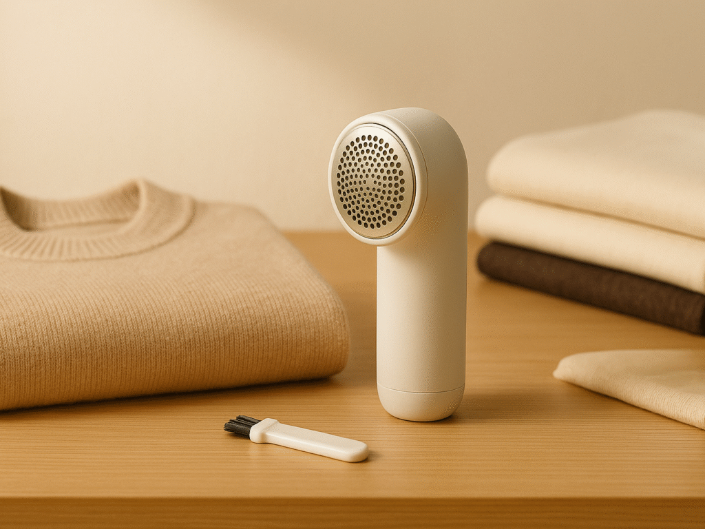 Fabric shaver placed beside a folded sweater and cleaning brush.
