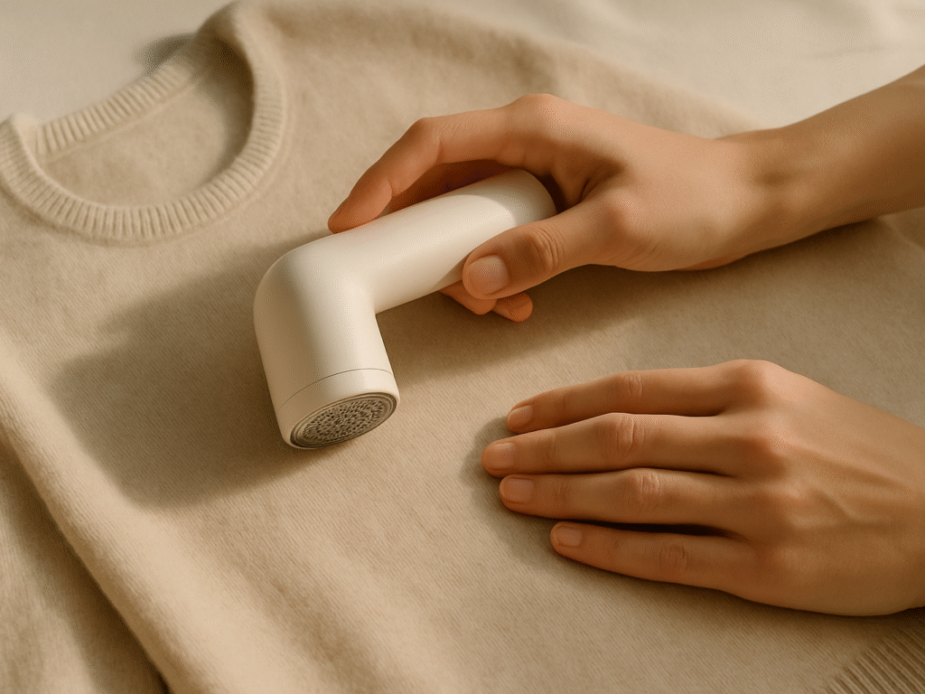 Hands carefully using a fabric shaver on a beige cashmere sweater.