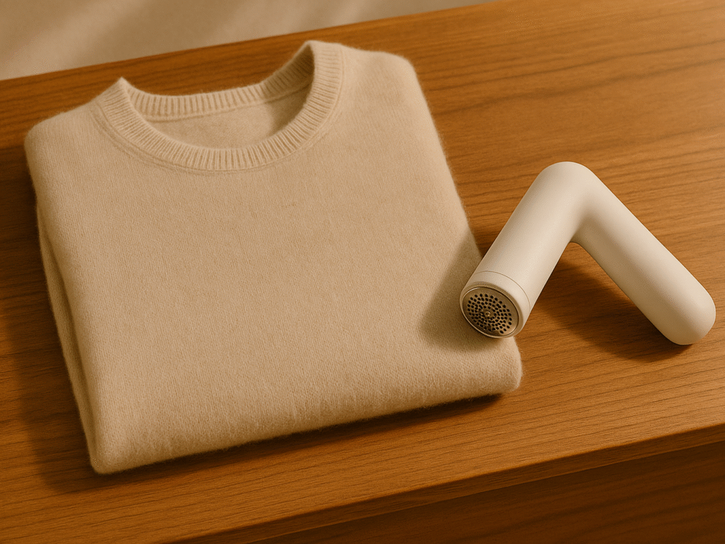 Folded cashmere sweater with a fabric shaver beside it.