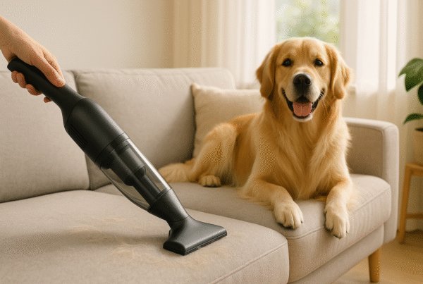 Cordless handheld vacuum cleaning dog hair from a couch.