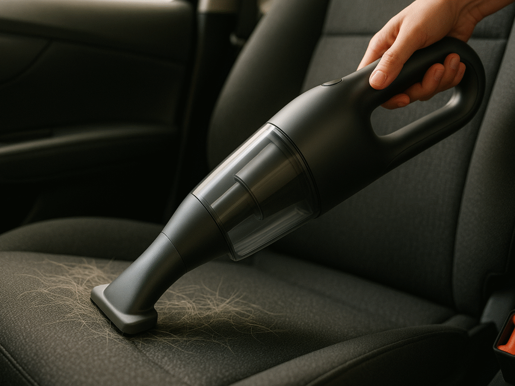 Handheld vacuum cleaning pet hair from a car seat.