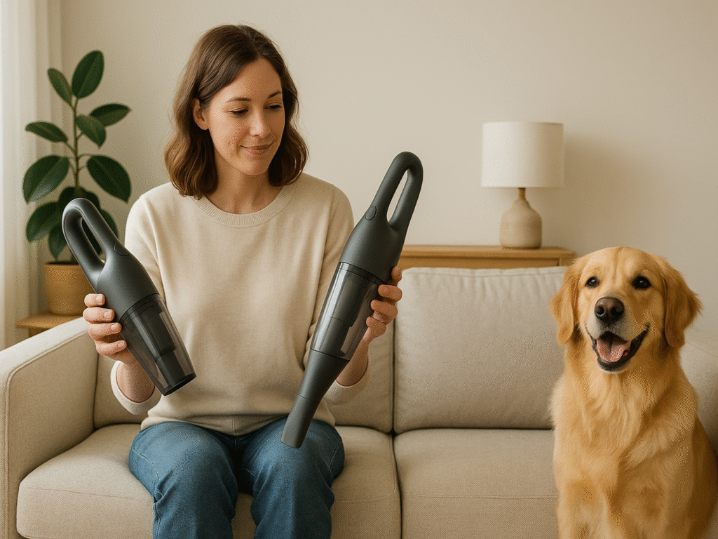 Woman choosing between different cordless vacuums in a living room.