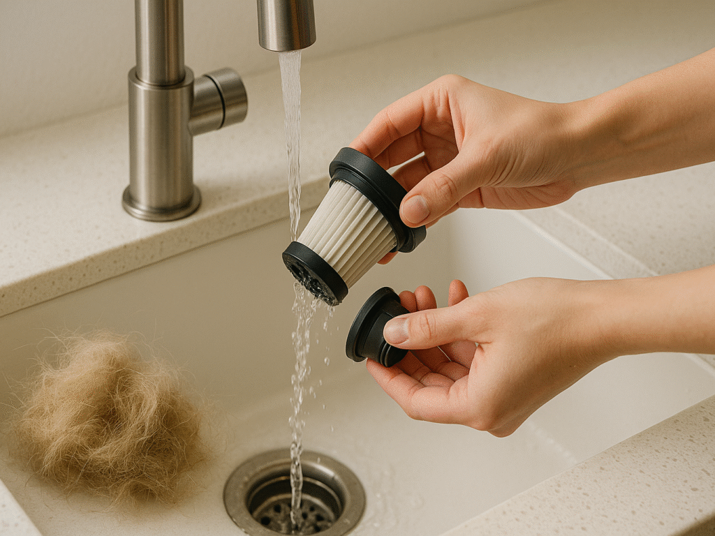 Person cleaning the filter of a handheld vacuum.
