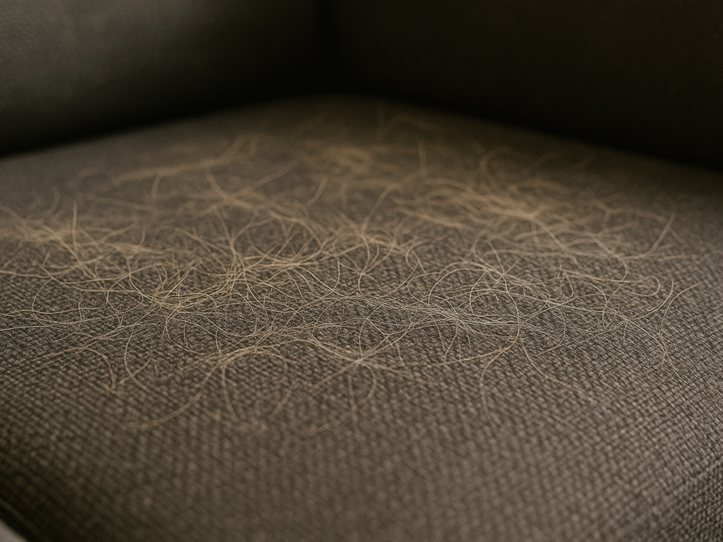 Close-up of dog hair stuck on a fabric sofa.