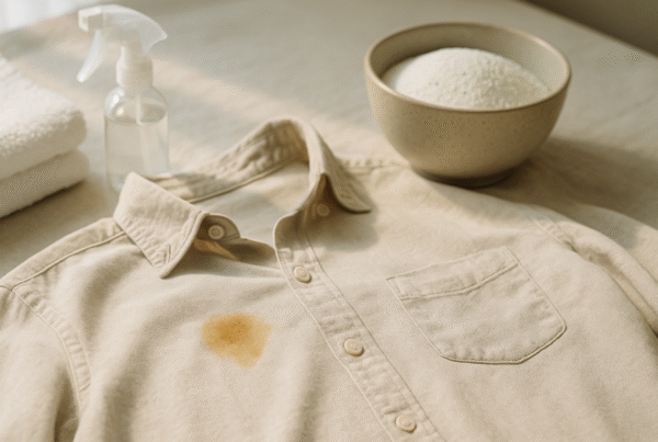 Light-colored shirt with a visible stain beside gentle cleaning tools on a laundry table.