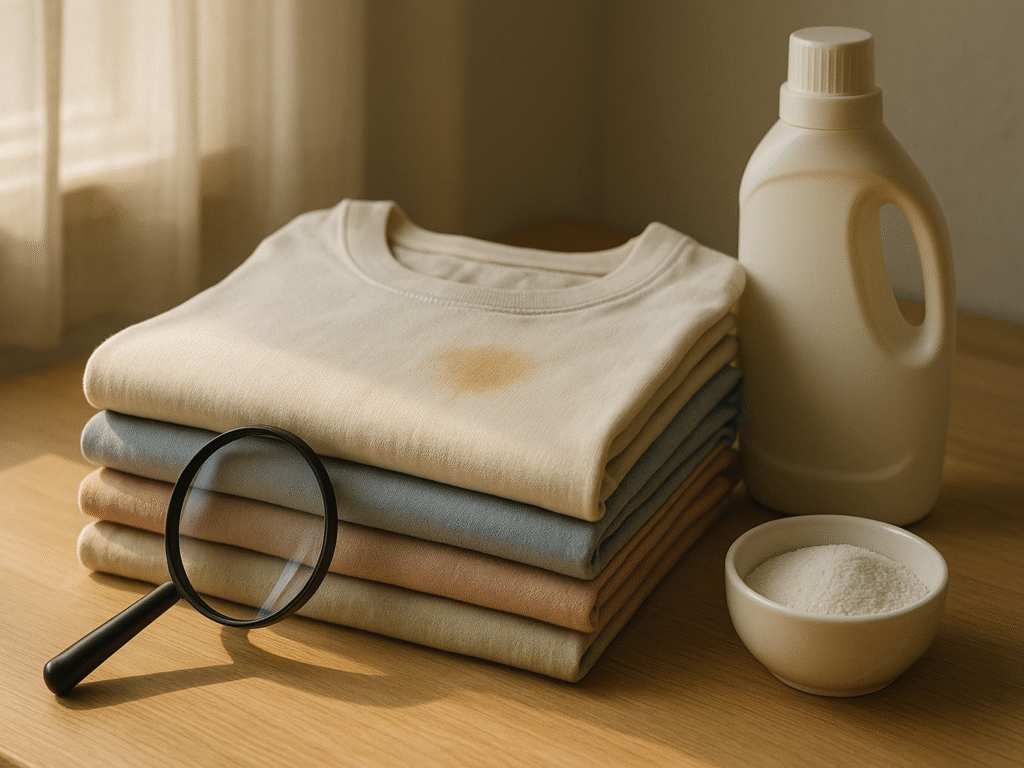Folded clothes on a laundry table with one shirt showing a faint stain under warm sunlight.