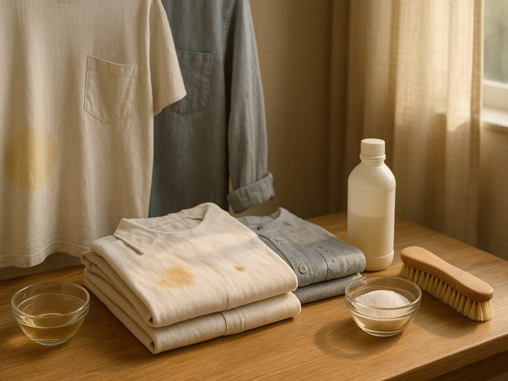 Folded shirts with different faint stains beside natural cleaning supplies on a wooden table in sunlight.