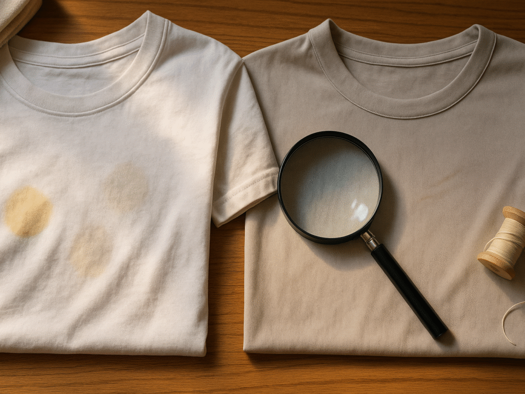 Cotton and polyester shirts side by side showing different stain patterns under warm light.