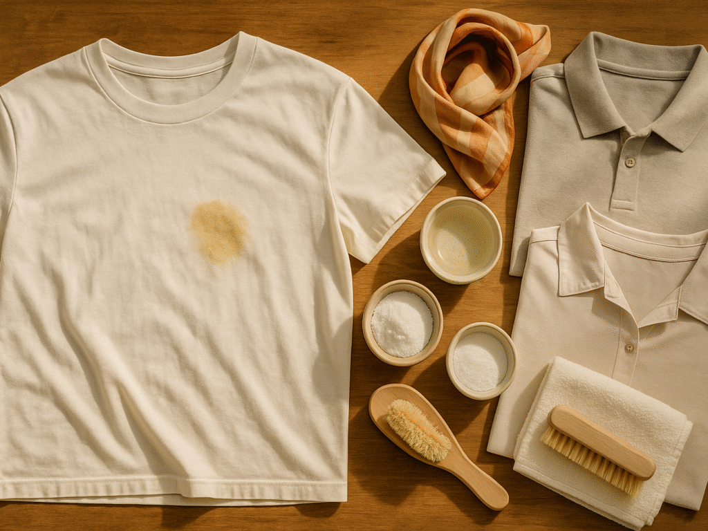 Laundry setup showing a stained shirt, fabric care tools, and different fabric types under warm light.