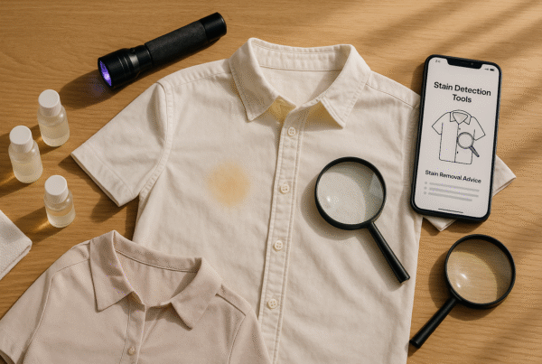 Flat lay of stain-detection tools including UV flashlight, magnifying glass, and cleaning supplies on a wooden surface.