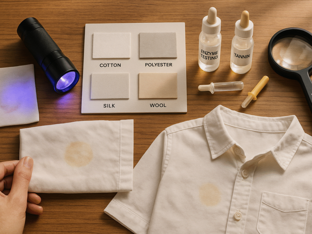 Stain detection tools and fabric samples arranged neatly on a wooden table in soft daylight.