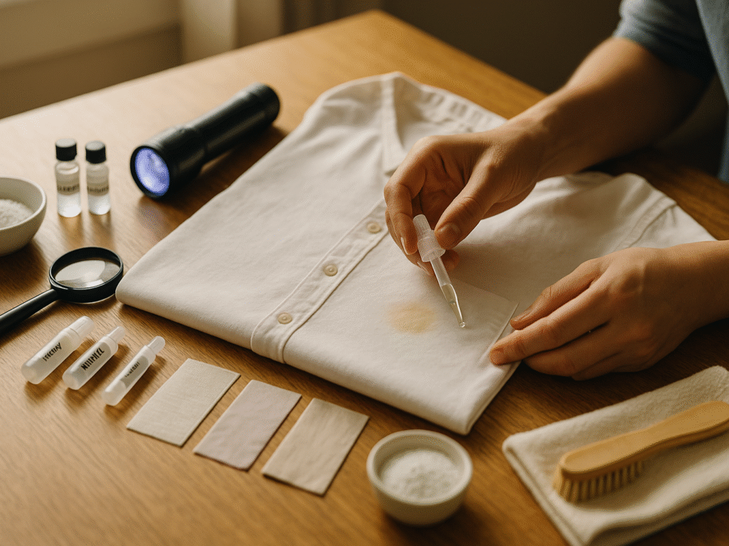 Person using stain-removal tools to treat a faint mark on a white shirt under natural light.