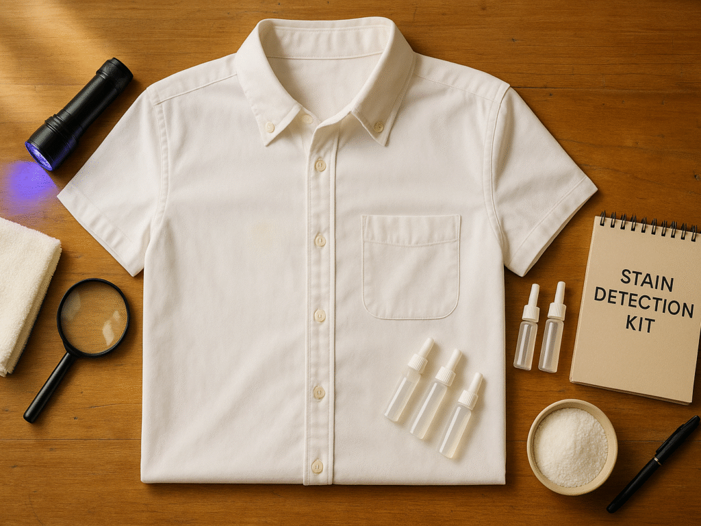Stain detection tools arranged neatly around a freshly cleaned white shirt under soft daylight.
