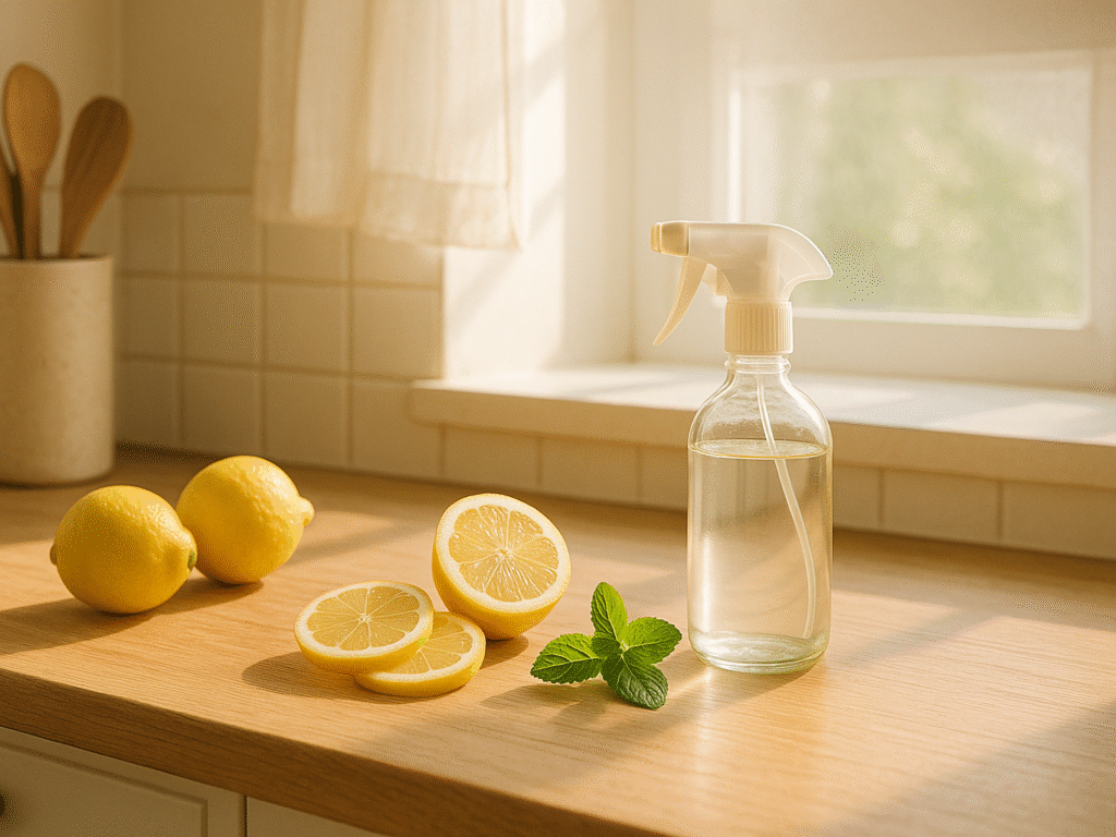 Sunlight on a clean kitchen counter with lemons, mint, and a spray bottle for natural ant prevention.