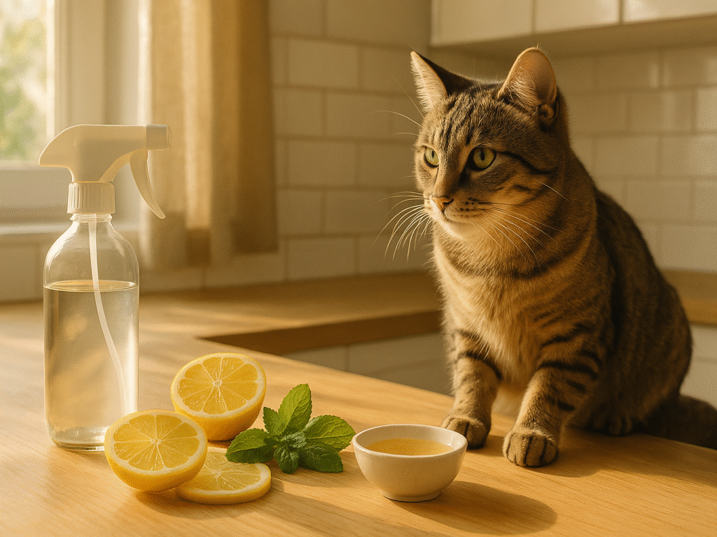 A curious cat watching a spray bottle of vinegar and water beside lemons and mint on a kitchen counter.