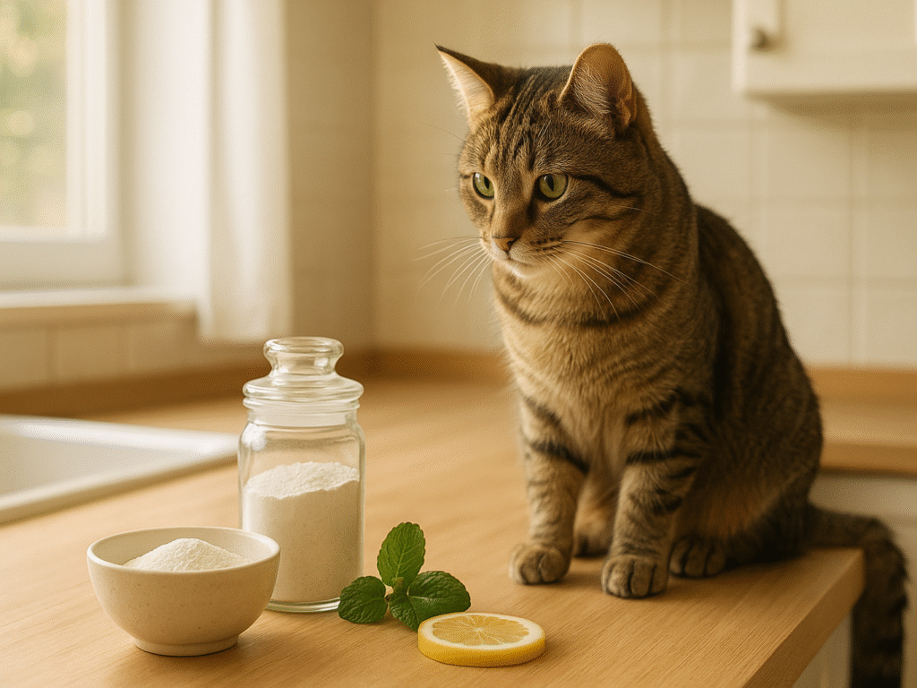 A curious cat sitting beside a small bowl of white diatomaceous earth powder on a clean wooden counter.