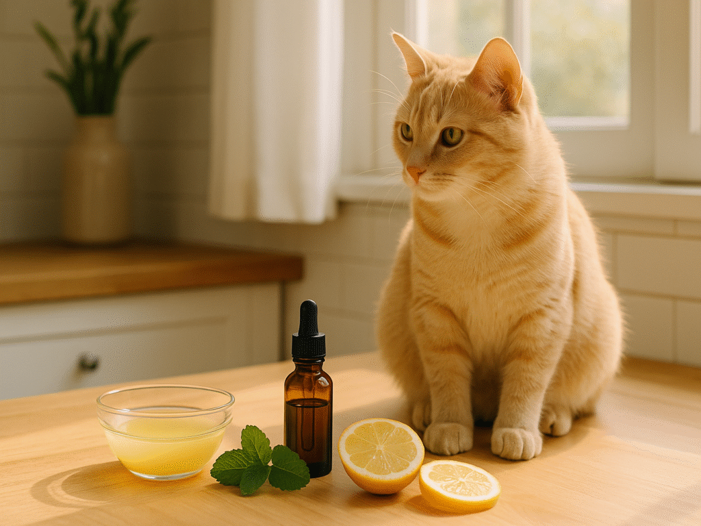 A calm cat sitting near a glass bowl of lemon juice and a small bottle of peppermint oil on a wooden kitchen counter.