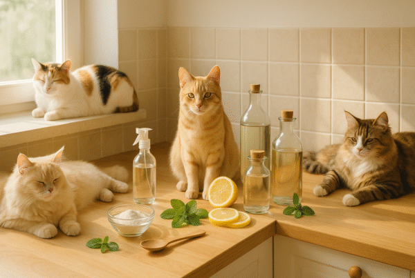 Several cats lounging in a cozy, sunlit kitchen surrounded by natural homemade ant repellent ingredients like lemons, mint, and vinegar jars.